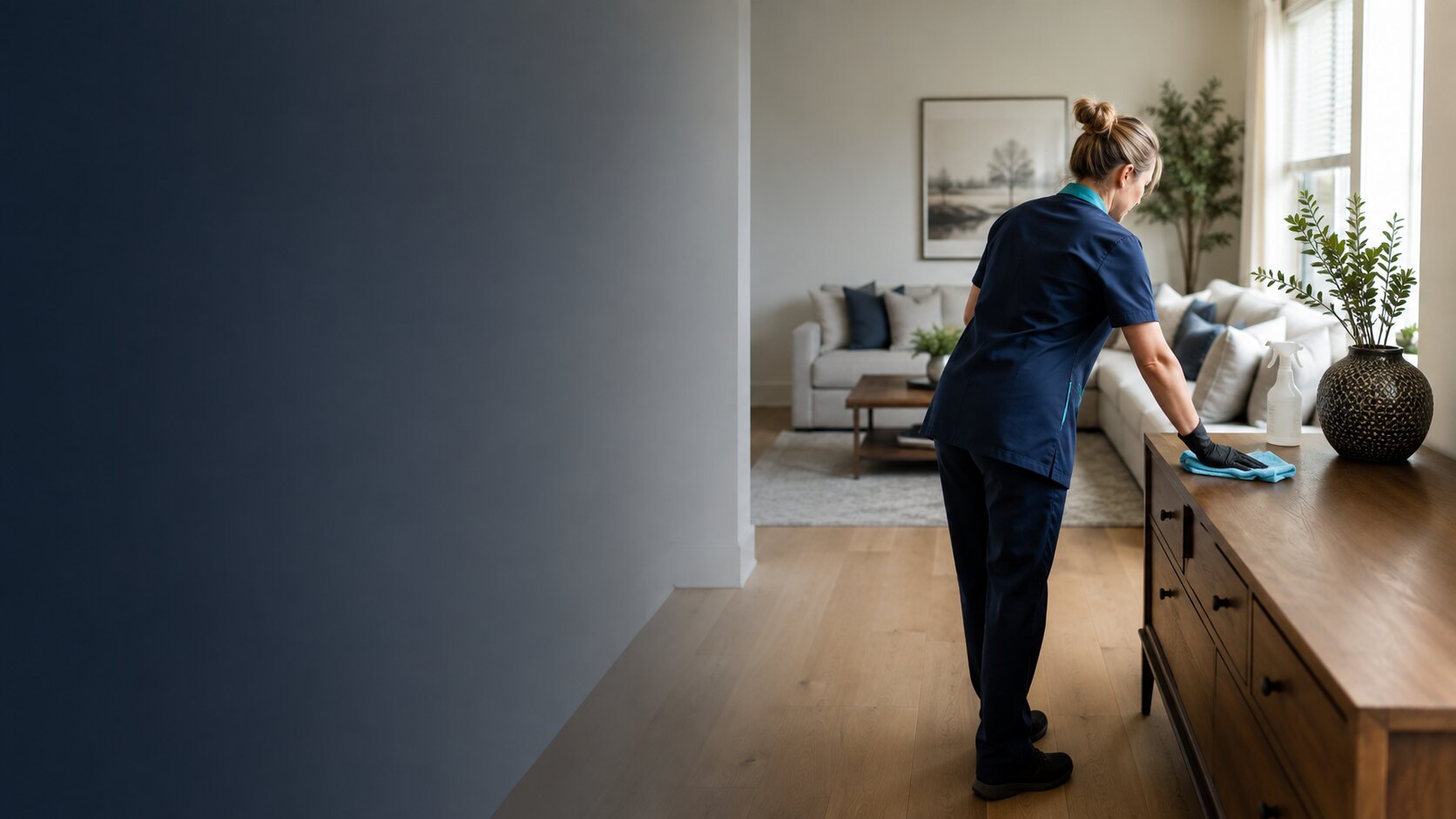 A professional cleaner wiping a wood cabinet in a bright living room