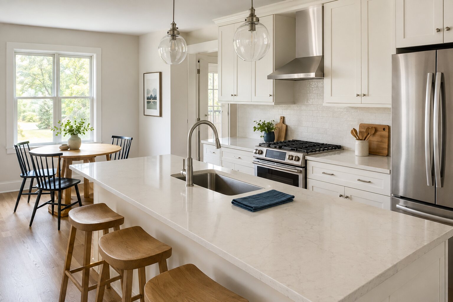 A clean, bright residential kitchen
