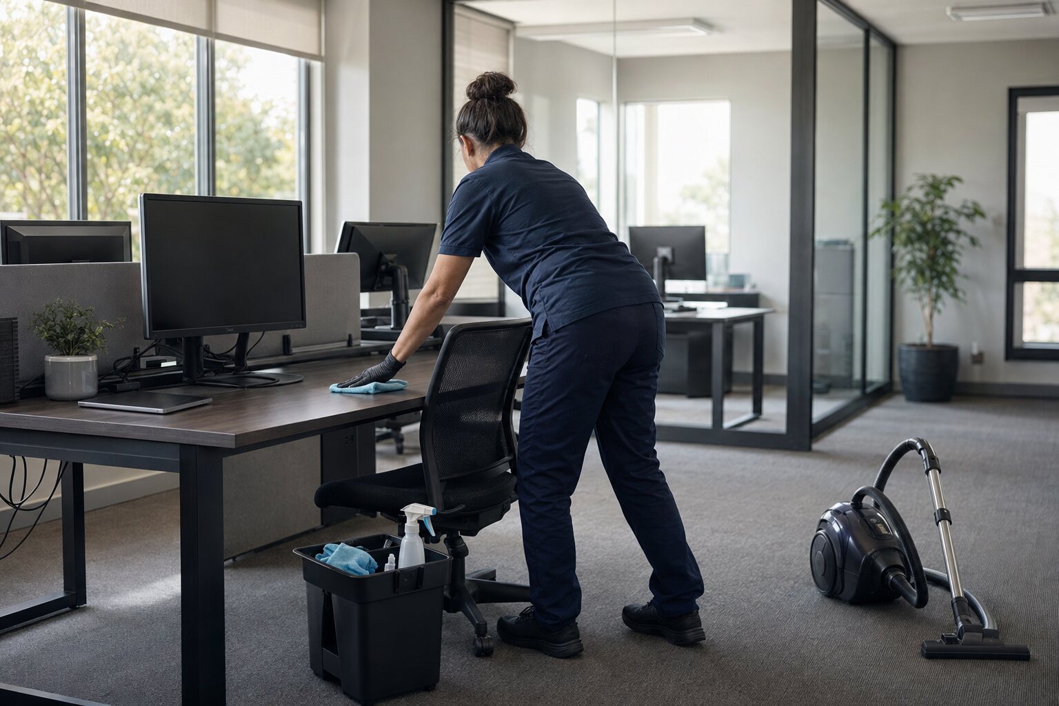 A professional cleaner working in a tidy office